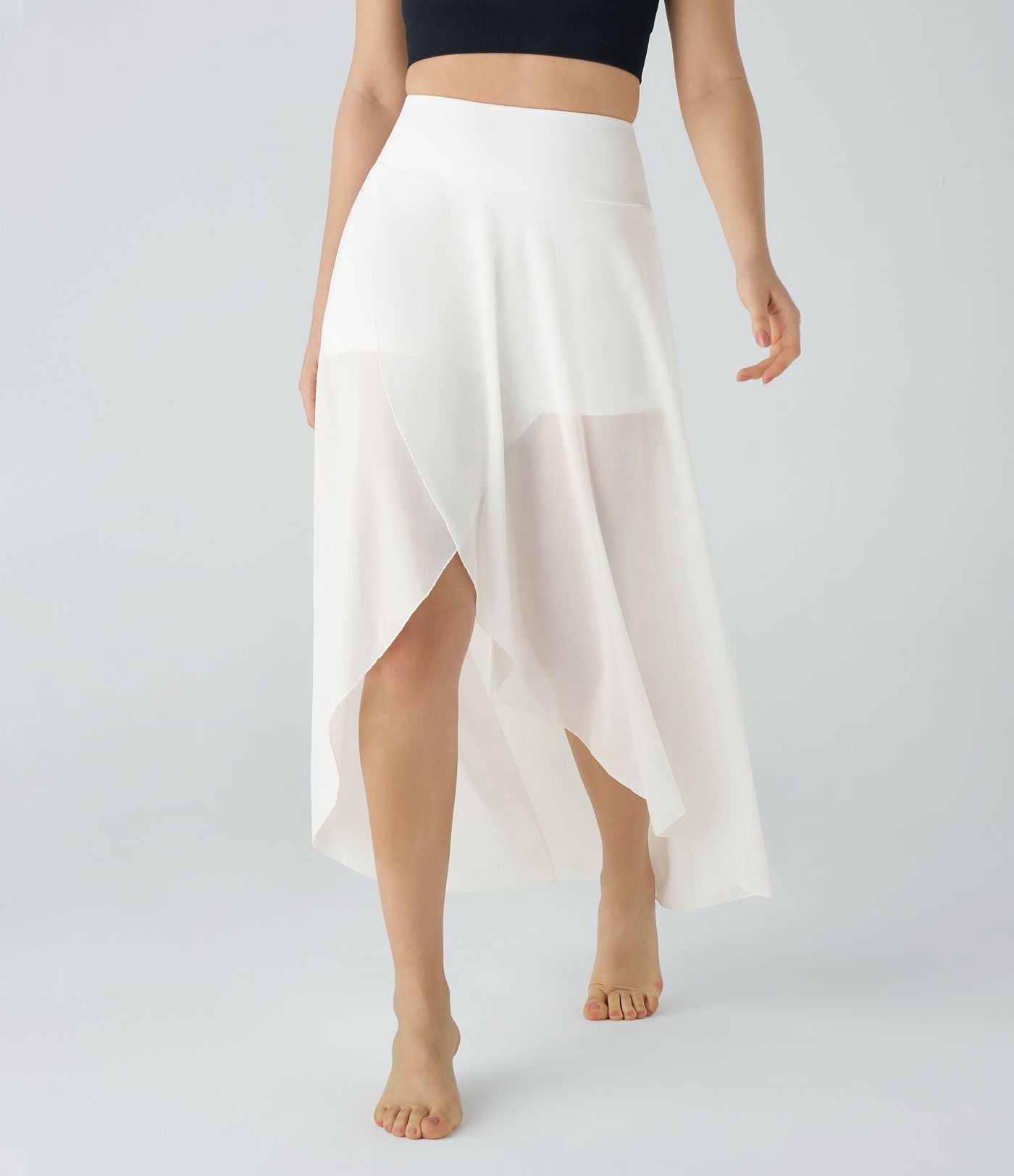 Jupe Longue Fluide Taille Haute à Volants 2 en 1 Poche Latérale Évasée en Mesh Casual Quotidien