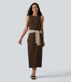 Robe midi moulante décontractée côtelée à col rond sans manches avec soutien-gorge intégré