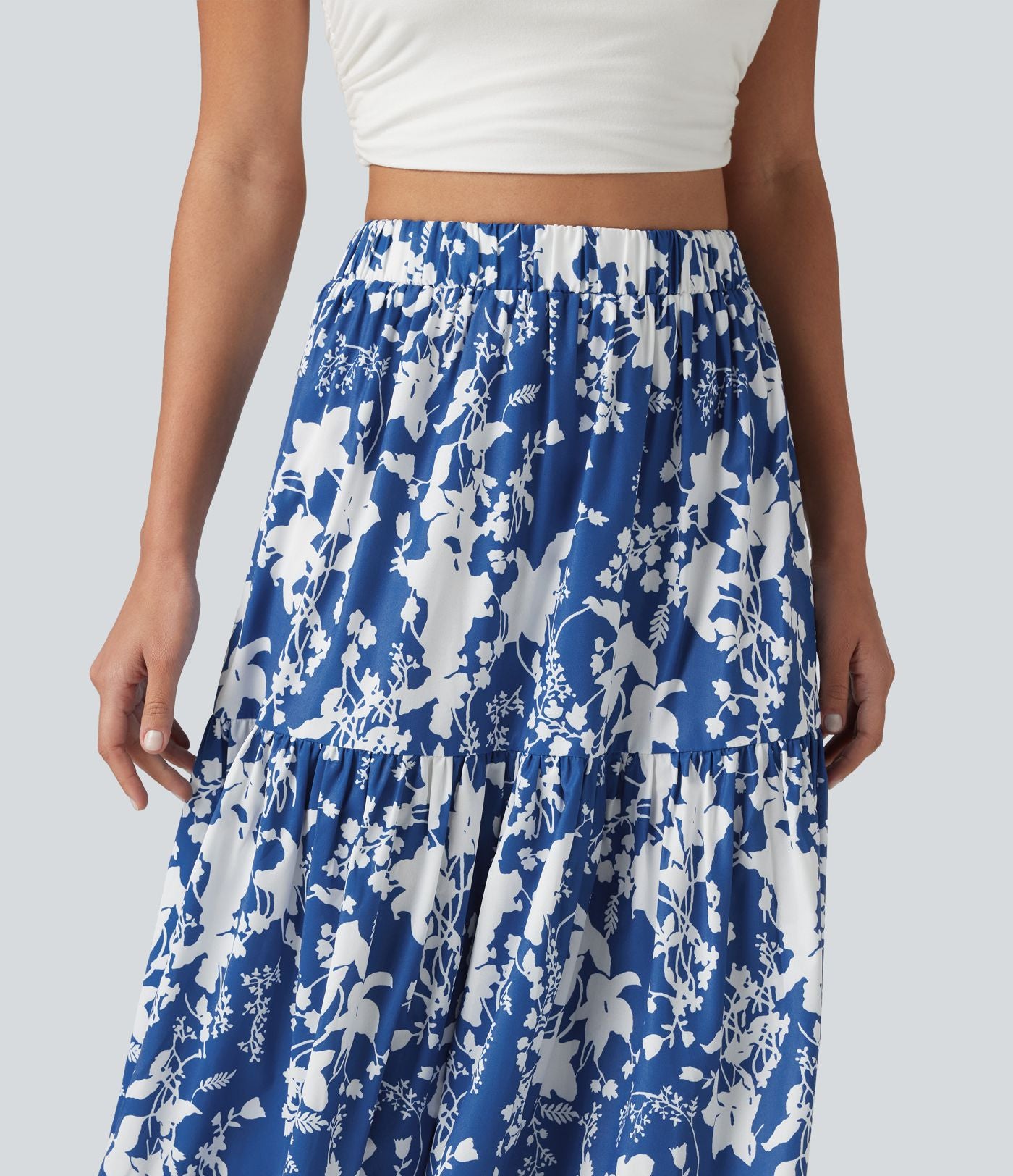Jupe longue fluide taille haute à volants superposés imprimé floral pour les vacances