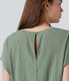 Robe mini décontractée 2-en-1 en maille côtelée mélange de lin, col V, manches courtes, coupe fluide