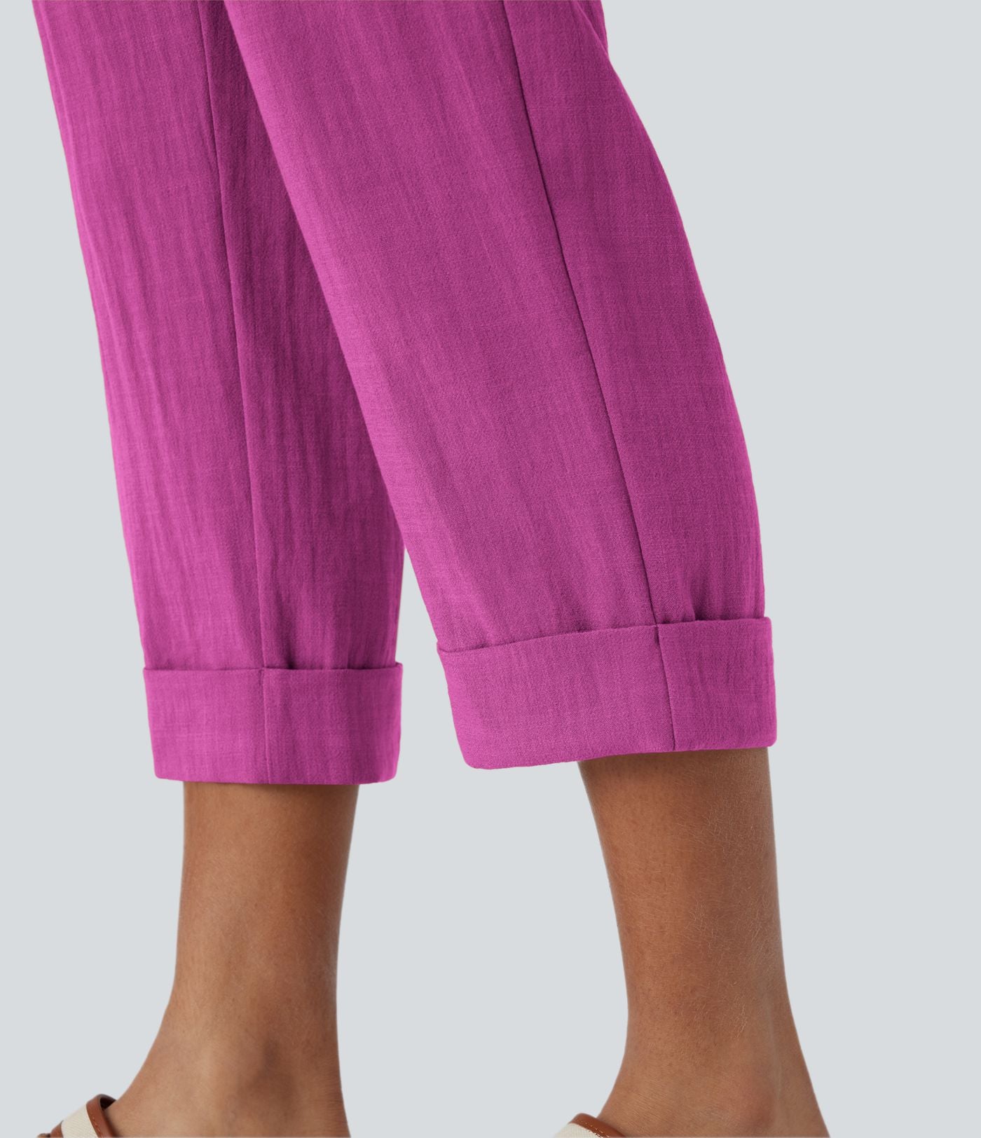 Pantalon capri effet lin taille haute avec poches zippées