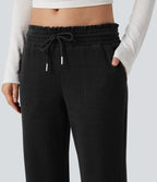 Pantalon décontracté bootcut côtelé, taille basse, cordon et poches