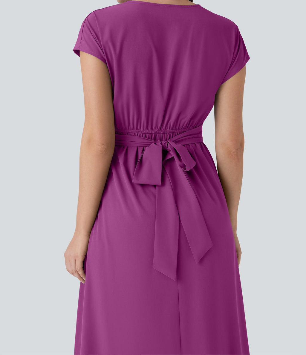Robe midi Breezeful™ col V manches courtes à liens dans le dos séchage rapide avec poches latérales