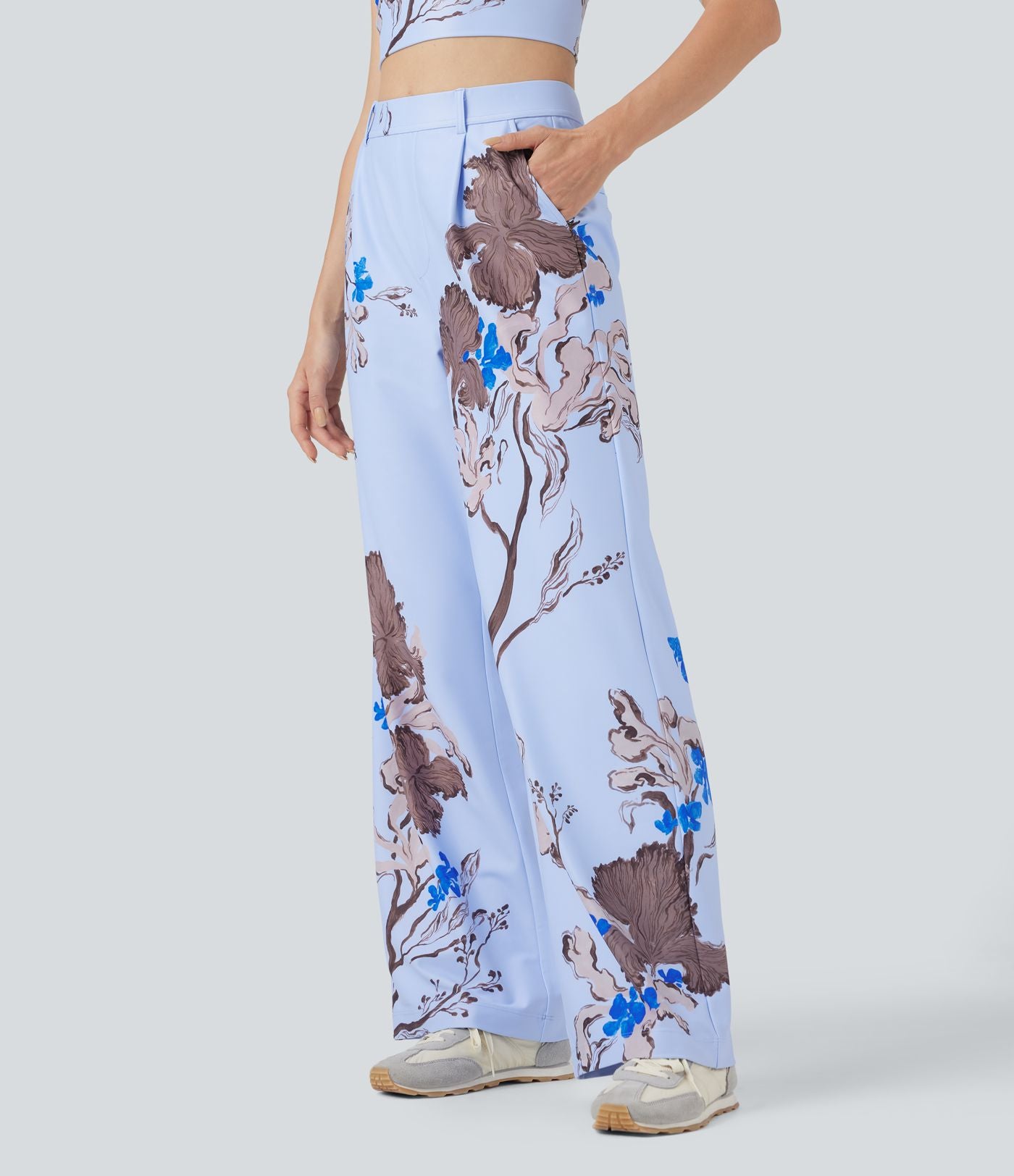 Pantalon décontracté droit à imprimé floral, taille haute, Halara X Yukiko, avec poches