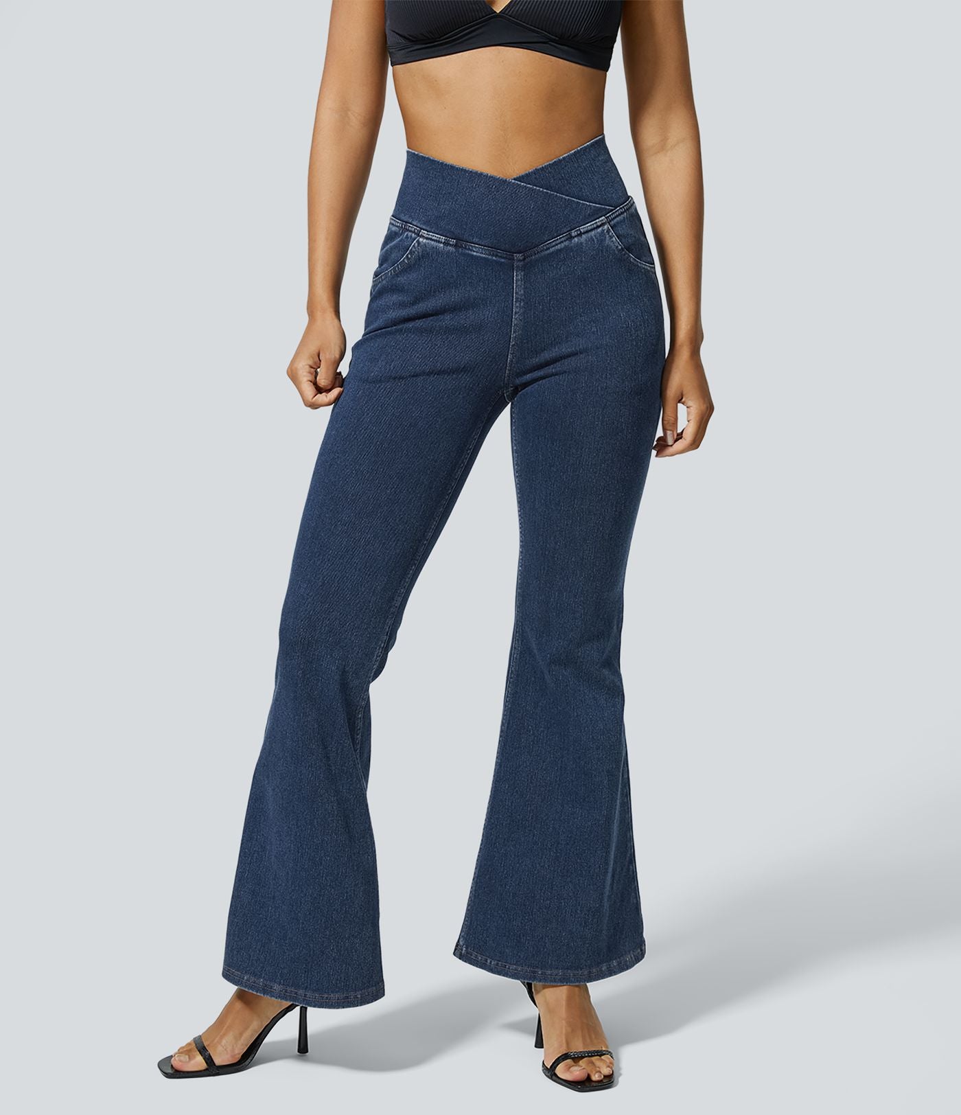 Halara Flex™ - Jean Ultra Evasé Tricot Extensible Lavé Poches Croisées Taille Haute
