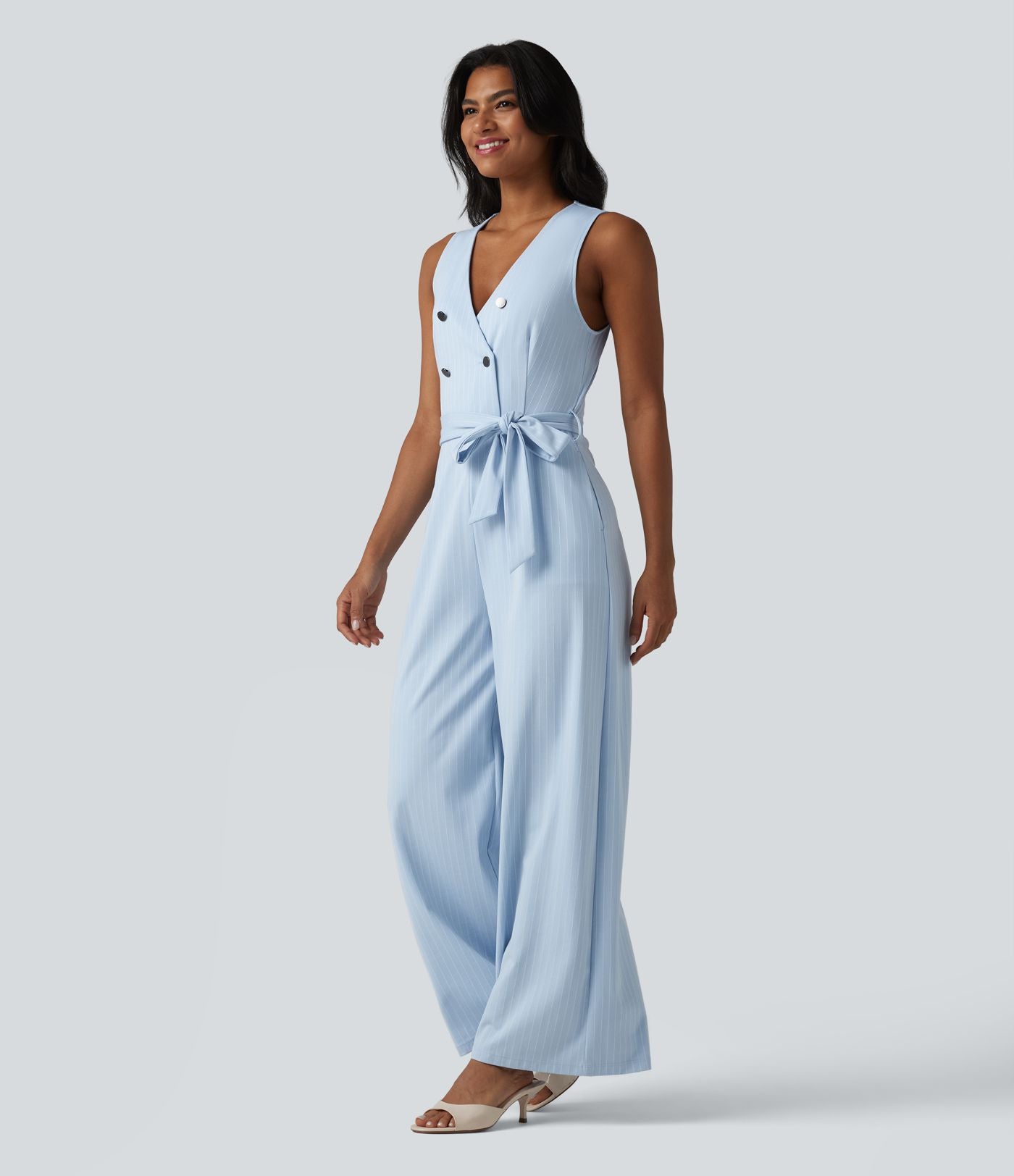 Combinaison tailleur sans manches à col V, ceinturée, avec zip invisible, rayures et effet frais avec poches, accès facile Easy Peasy
