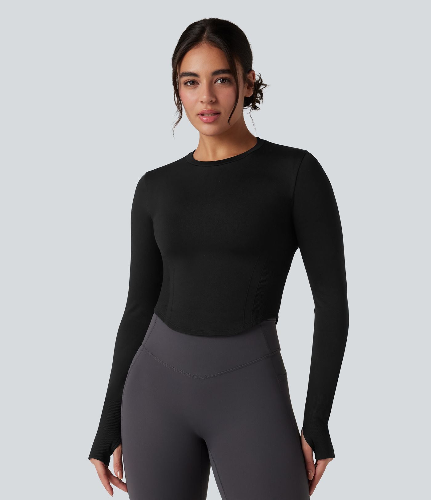 Haut de sport yoga col rond à manches longues avec passants pouces et ourlet arrondi sans couture Seamless Flow
