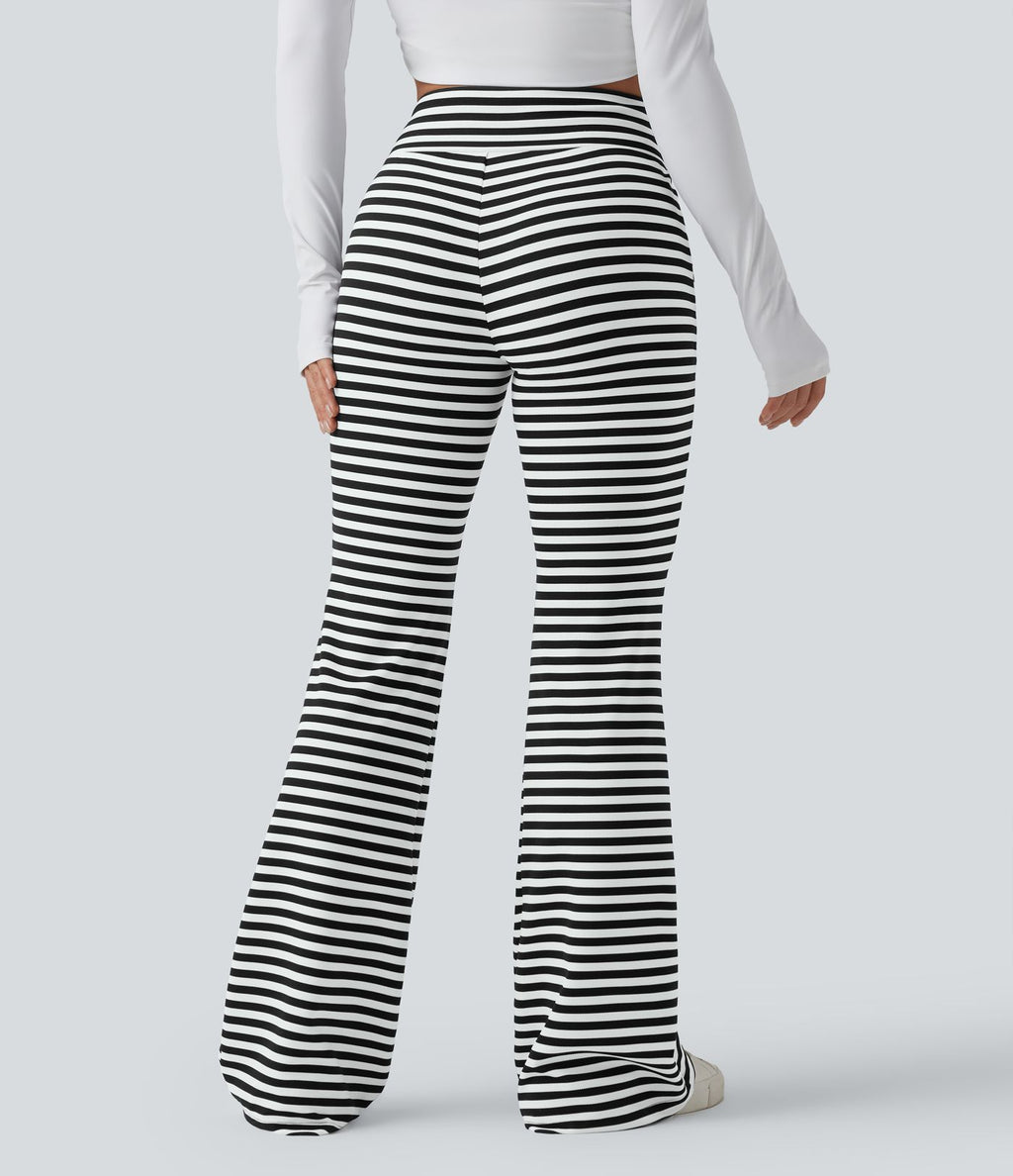 Pantalon évasé décontracté taille haute gainant à rayures en tissu gaufré avec cordon de serrage et poches