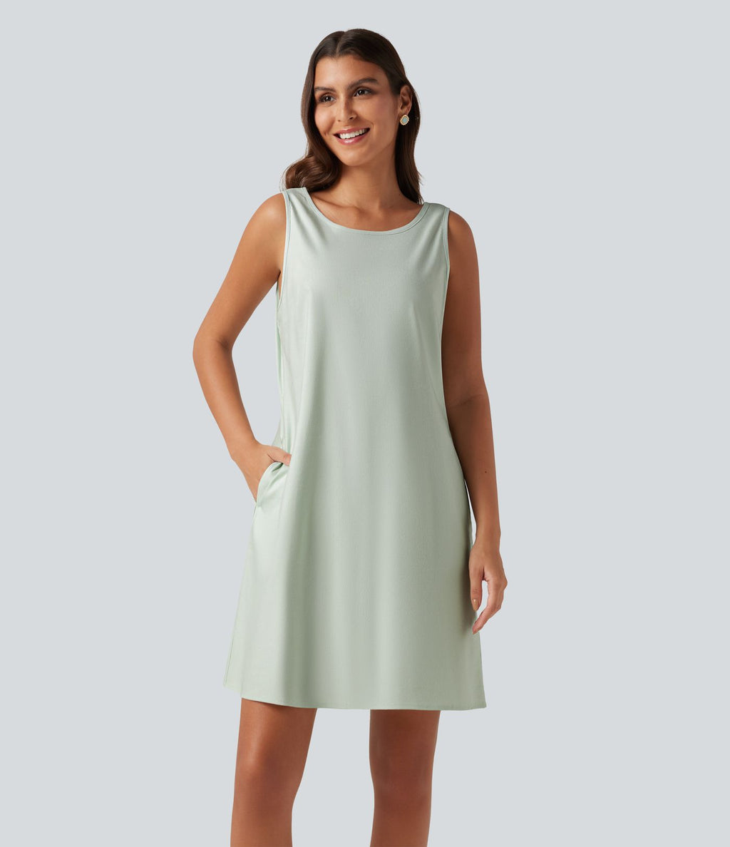 Robe mini sans manches en coton et lin à col rond avec poches