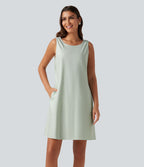 Robe mini sans manches en coton et lin à col rond avec poches