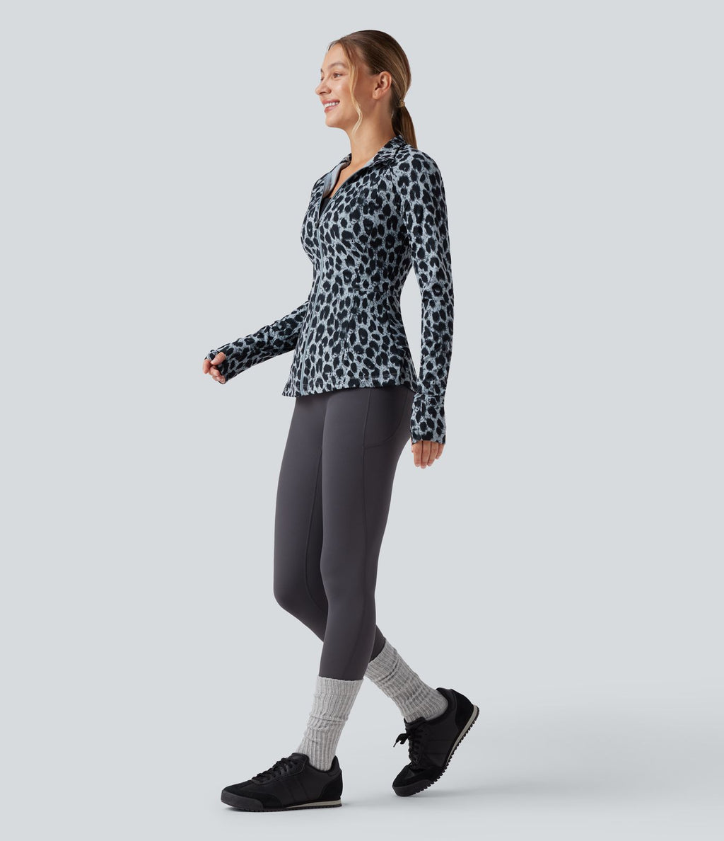 Veste décontractée Halara UltraSculpt™ imprimé léopard col montant manches longues avec trous pour pouces et poches
