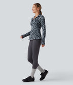 Veste décontractée Halara UltraSculpt™ imprimé léopard col montant manches longues avec trous pour pouces et poches