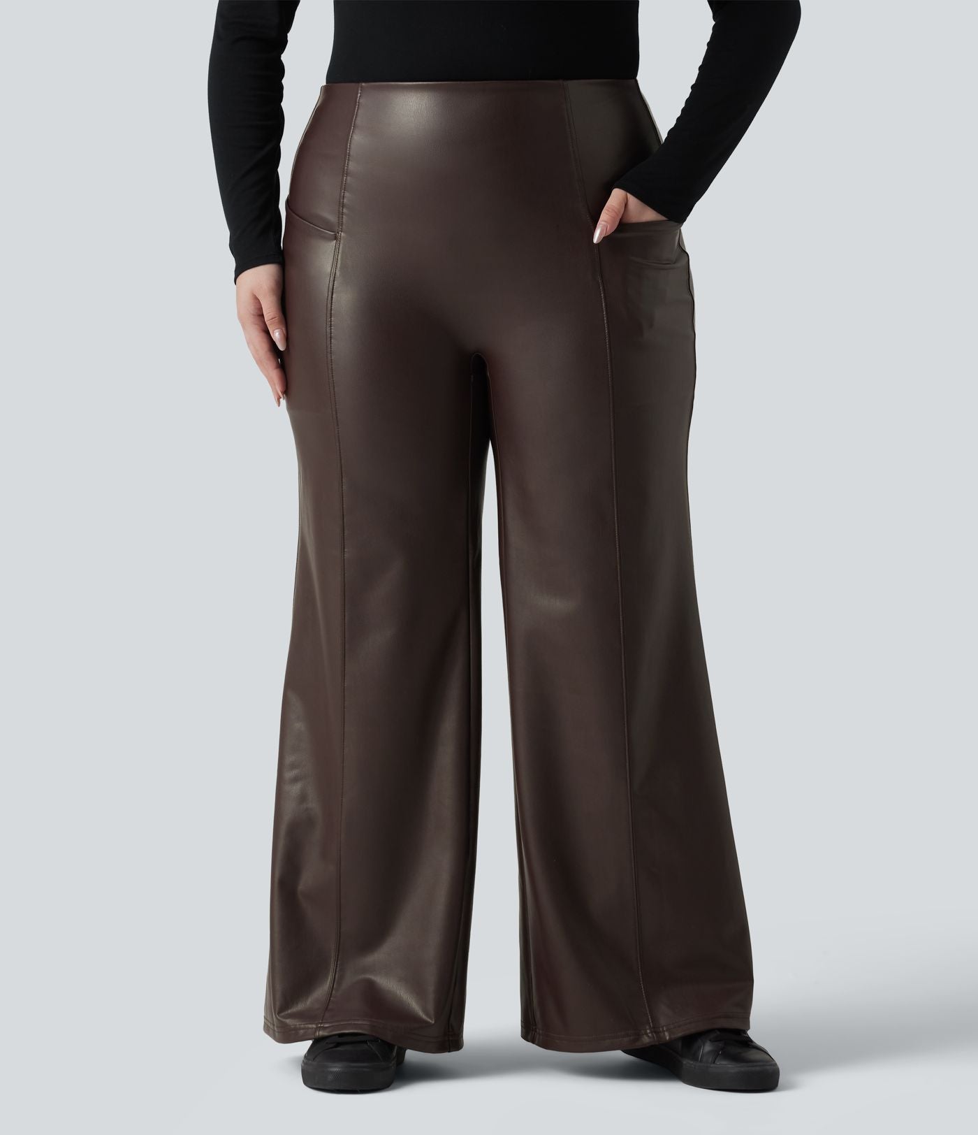 Pantalon flare grande taille en simili stretch doublé polaire, taille haute effet ventre plat avec poches