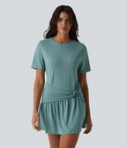 Robe mini casual 2 pièces col rond manches courtes dos goutte d'eau avec poches
