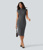Robe midi moulante esprit bureau à motif, col montant et sans manches