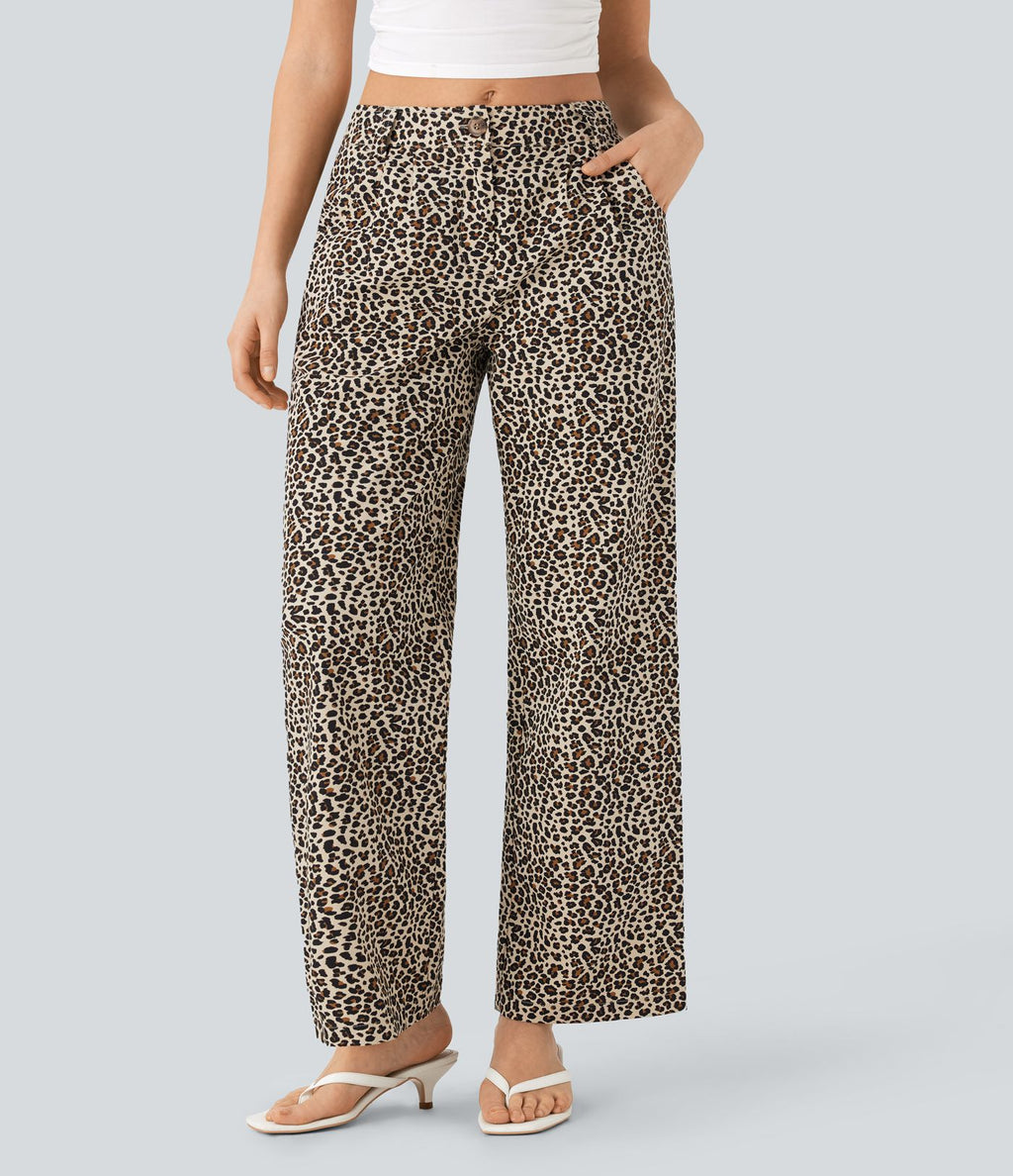 Pantalon décontracté en coton à jambe droite, taille moyenne, imprimé léopard avec poches