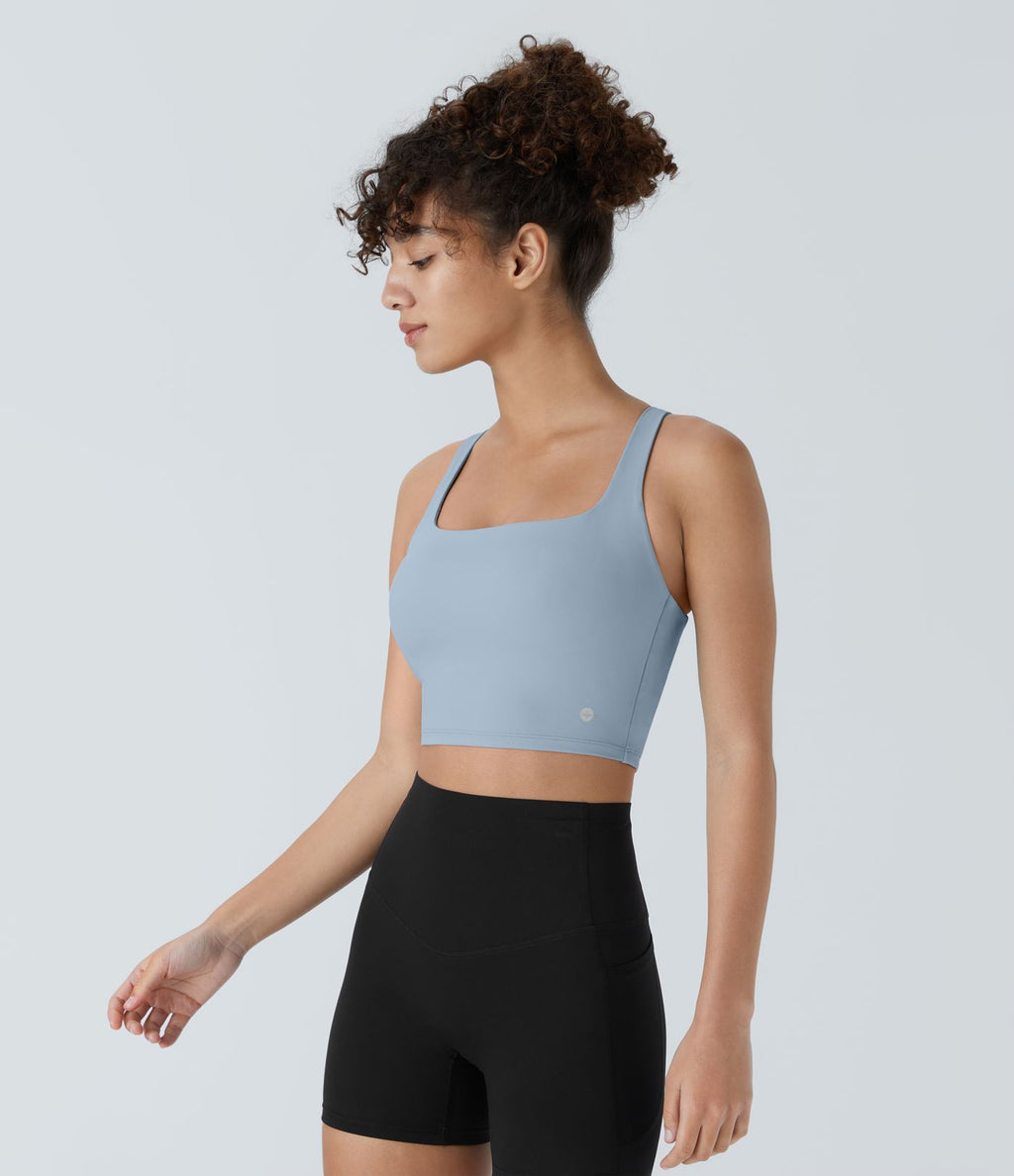 Débardeur yoga court SoftlyZero™ Airy col carré dos nu bretelles croisées effet frais InstantCool, bonnets A-C, protection solaire UPF50+