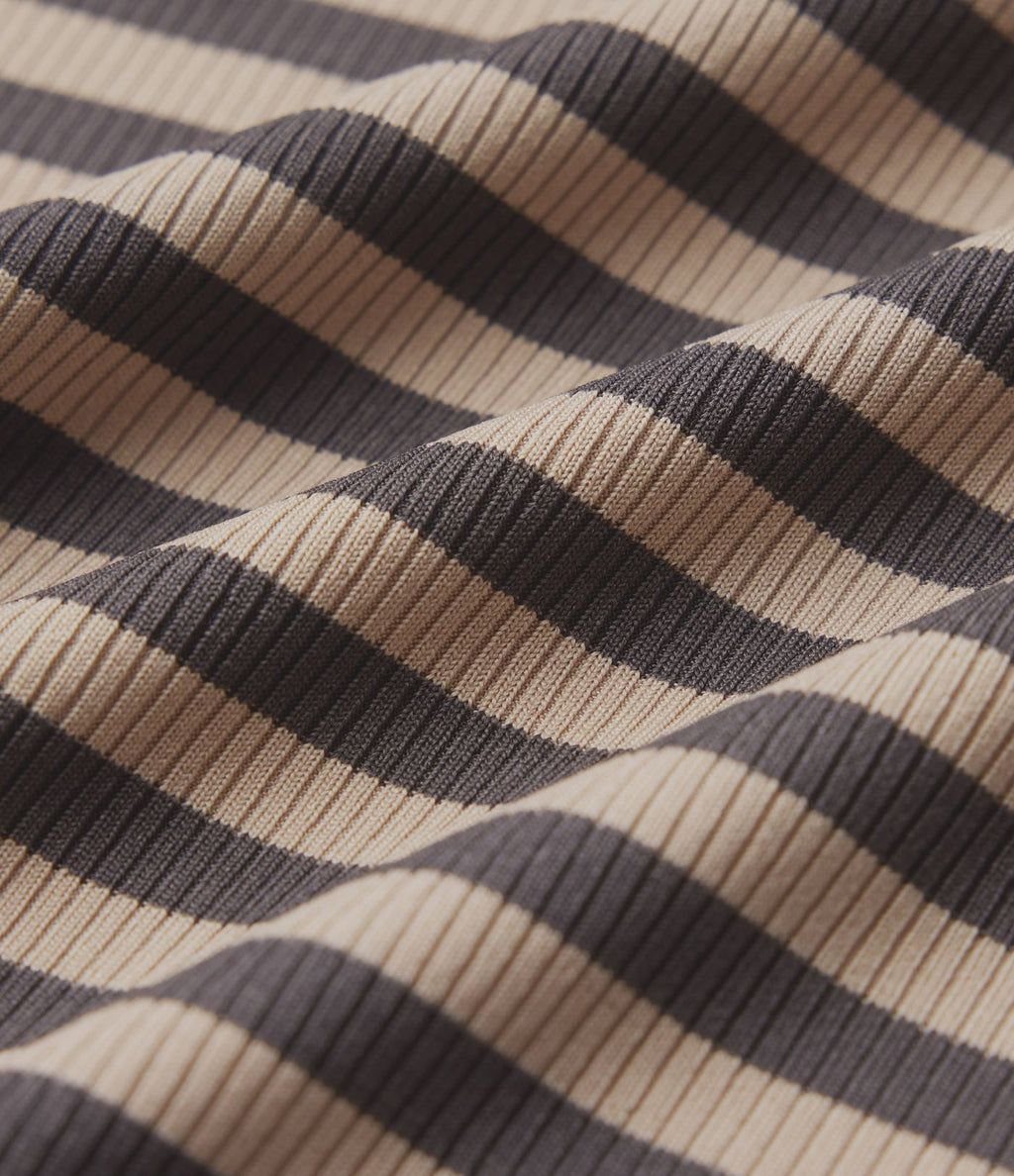T-shirt casual en maille côtelée rayé col rond à manches courtes