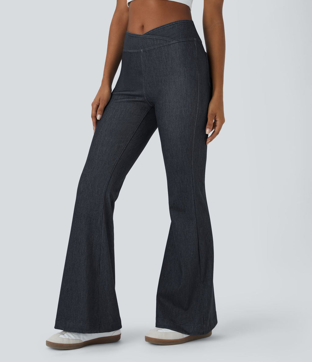 Halara Flex™ Jean Évasé Casual en Tricot Stretch Taille Haute avec Dos Croisé et Poches