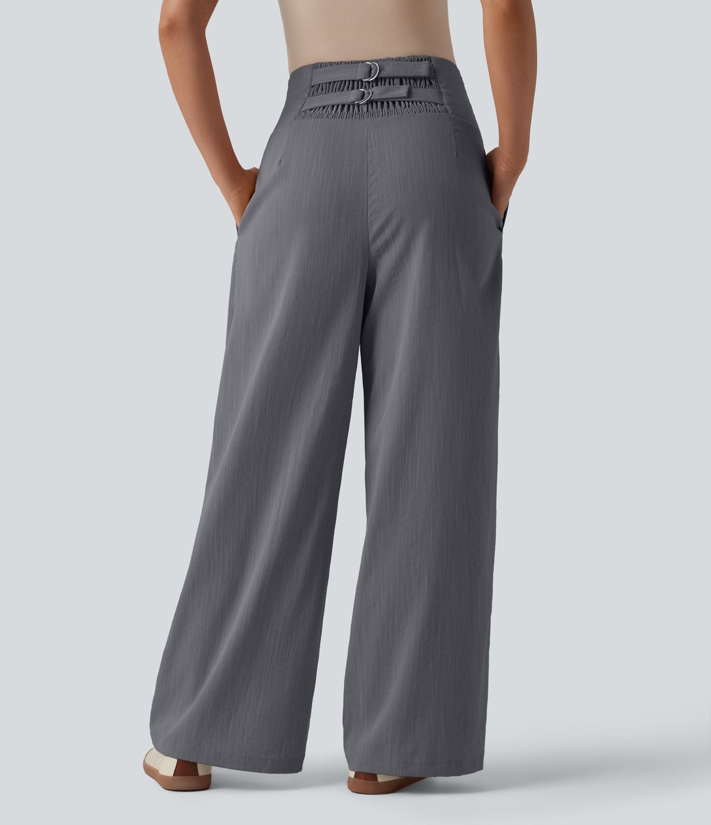 Pantalon large casual aspect lin taille très haute smocké réglable avec poches