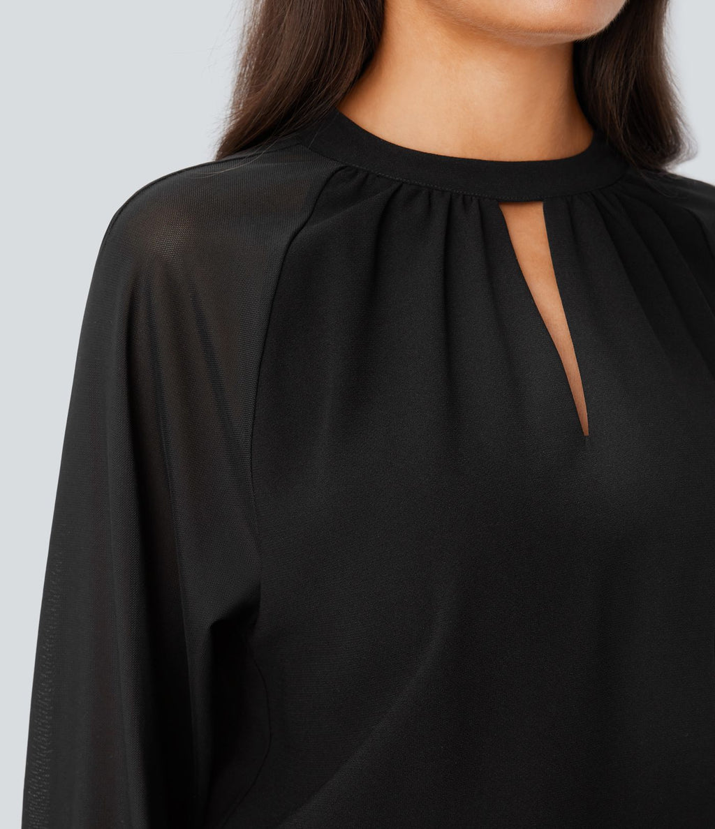 Blouse de travail à col montant avec dos ajouré, manches raglan et empiècements en mesh contrastant