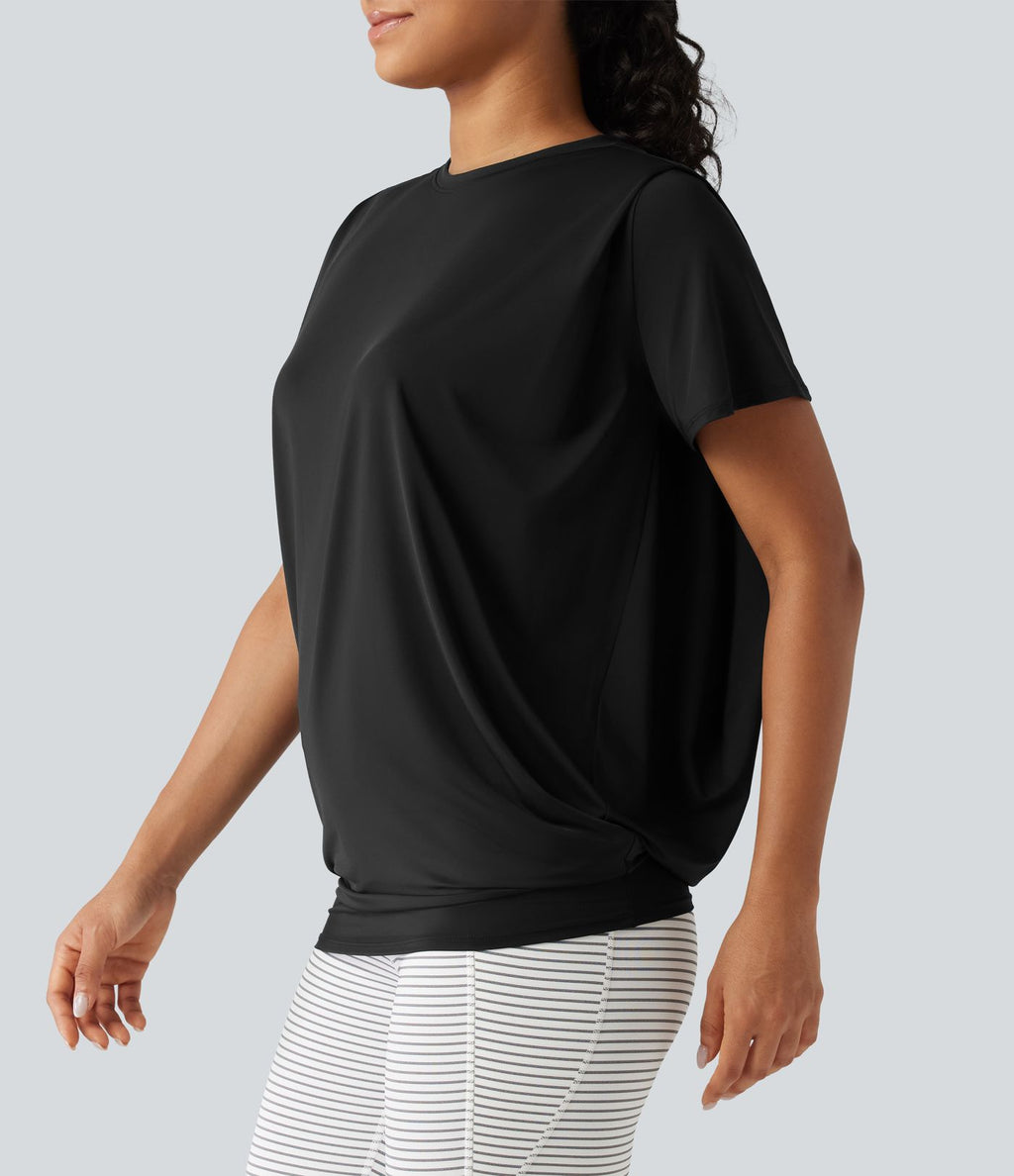 Haut de yoga effet frais InstantCool longueur allongée à manches courtes, encolure arrondie, fronces et protection solaire UPF50+