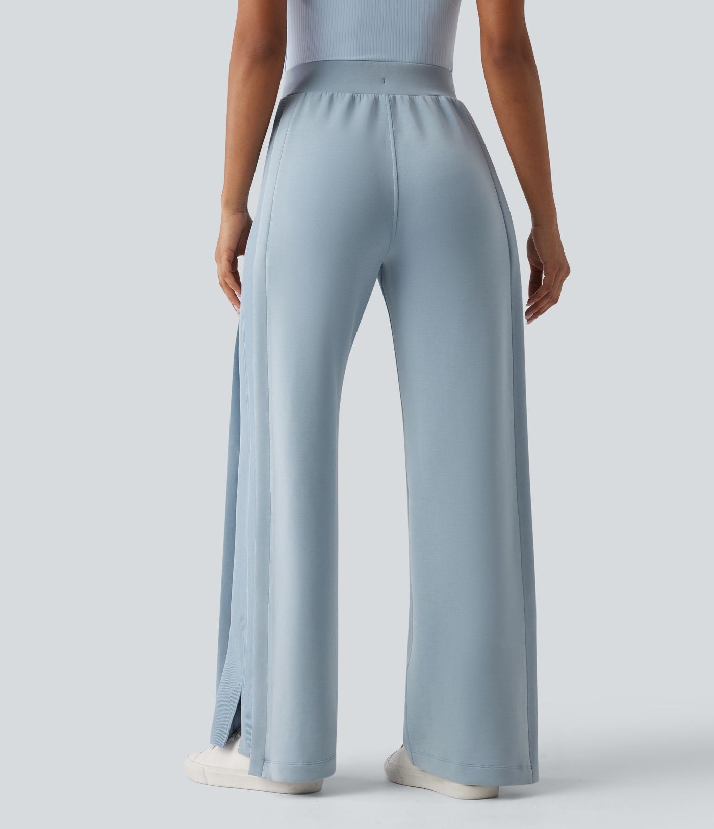 SpacerTek™ Pantalon large fluide décontracté taille haute avec cordon de serrage intérieur, côtes contrastées, fentes et poches