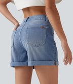 Short denim décontracté Halara Flex™ asymétrique délavé taille haute ourlet roulotté avec poches
