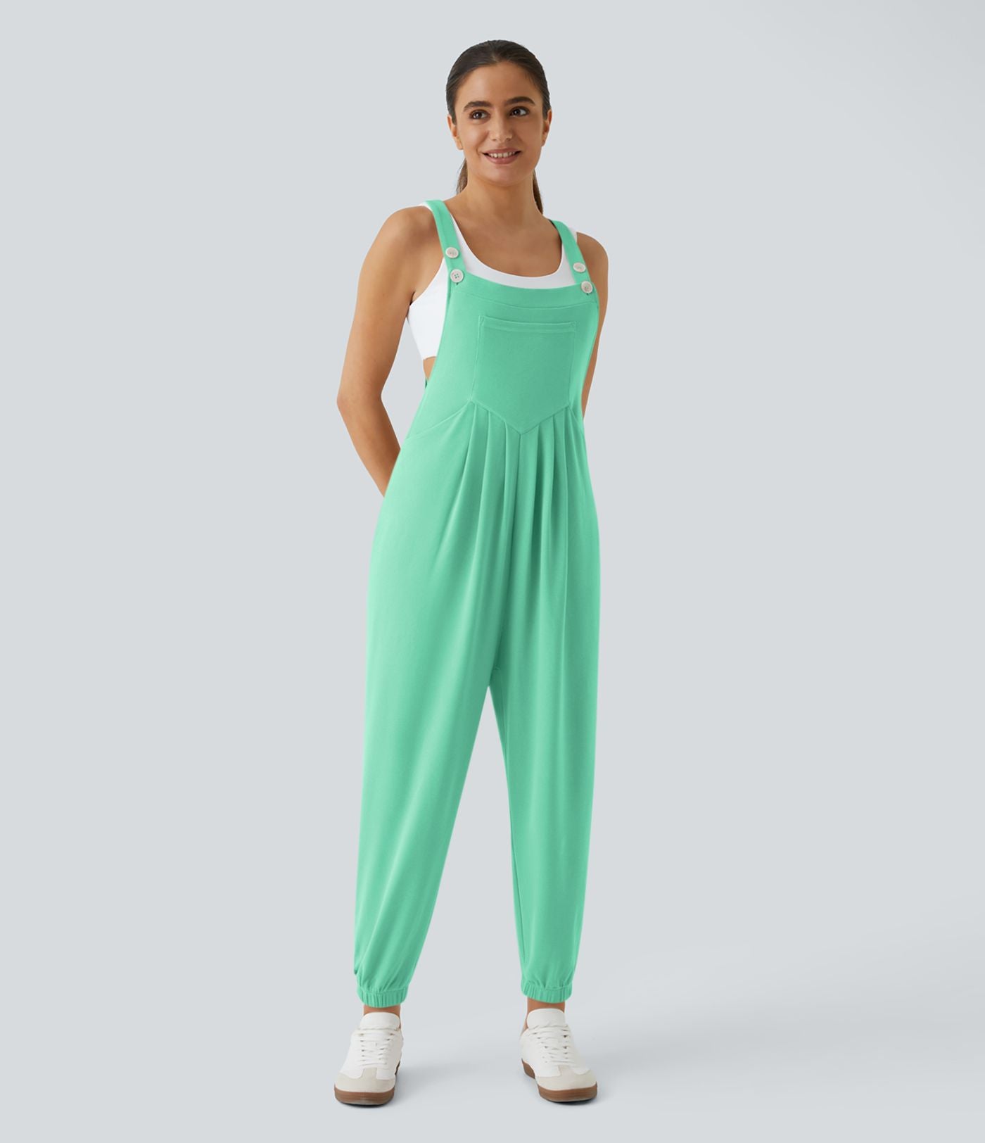 Salopette Casual Bretelles Ajustables Boutonnés Multiples Poches Plis et Tissu Gaufré