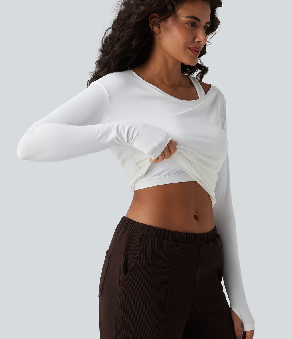 Haut d'entraînement une épaule manches longues avec brassière intégrée, passe-pouces, fronces et effet frais InstantCool, protection solaire UPF50+