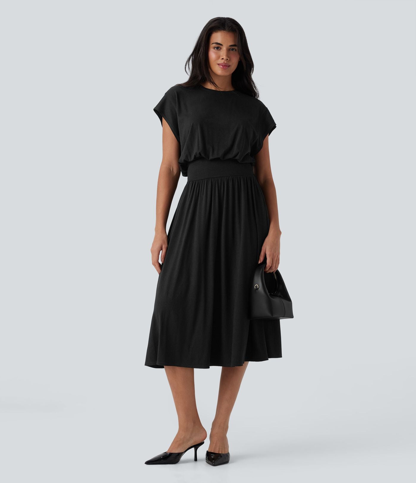 Robe de travail mi-longue fluide gainante à manches chauve-souris avec poches