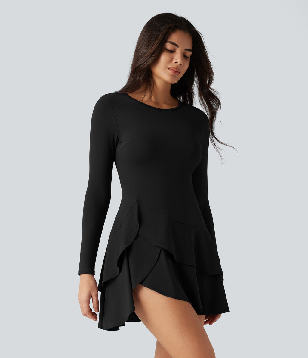 Robe mini SoftlyZero™ Airy effet frais InstantCool à manches longues, encolure arrondie et volants superposés