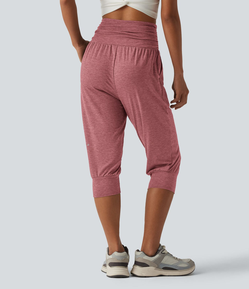 Jogging yoga corsaire chiné taille haute à fronces avec poches