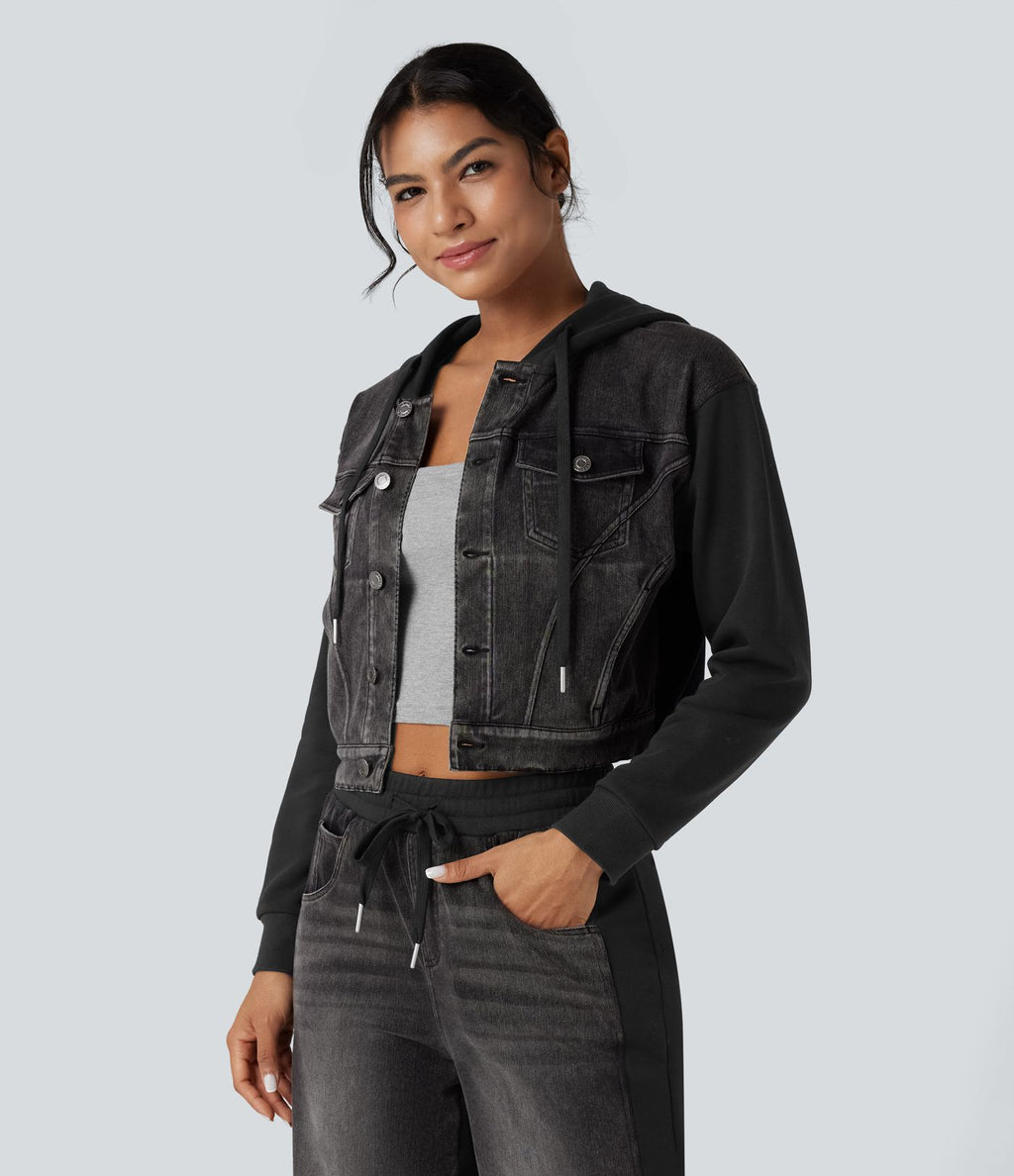 Veste en jean patchwork à capuche avec cordon de serrage et manches longues Halara Flex™