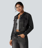 Veste en jean patchwork à capuche avec cordon de serrage et manches longues Halara Flex™