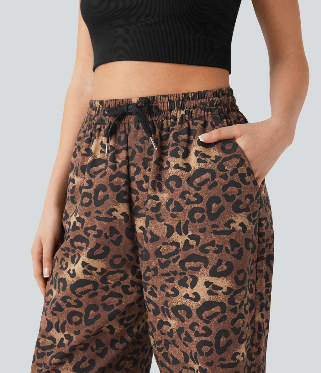 Pantalon casual taille haute cordon jambe droite imprimé léopard avec poches