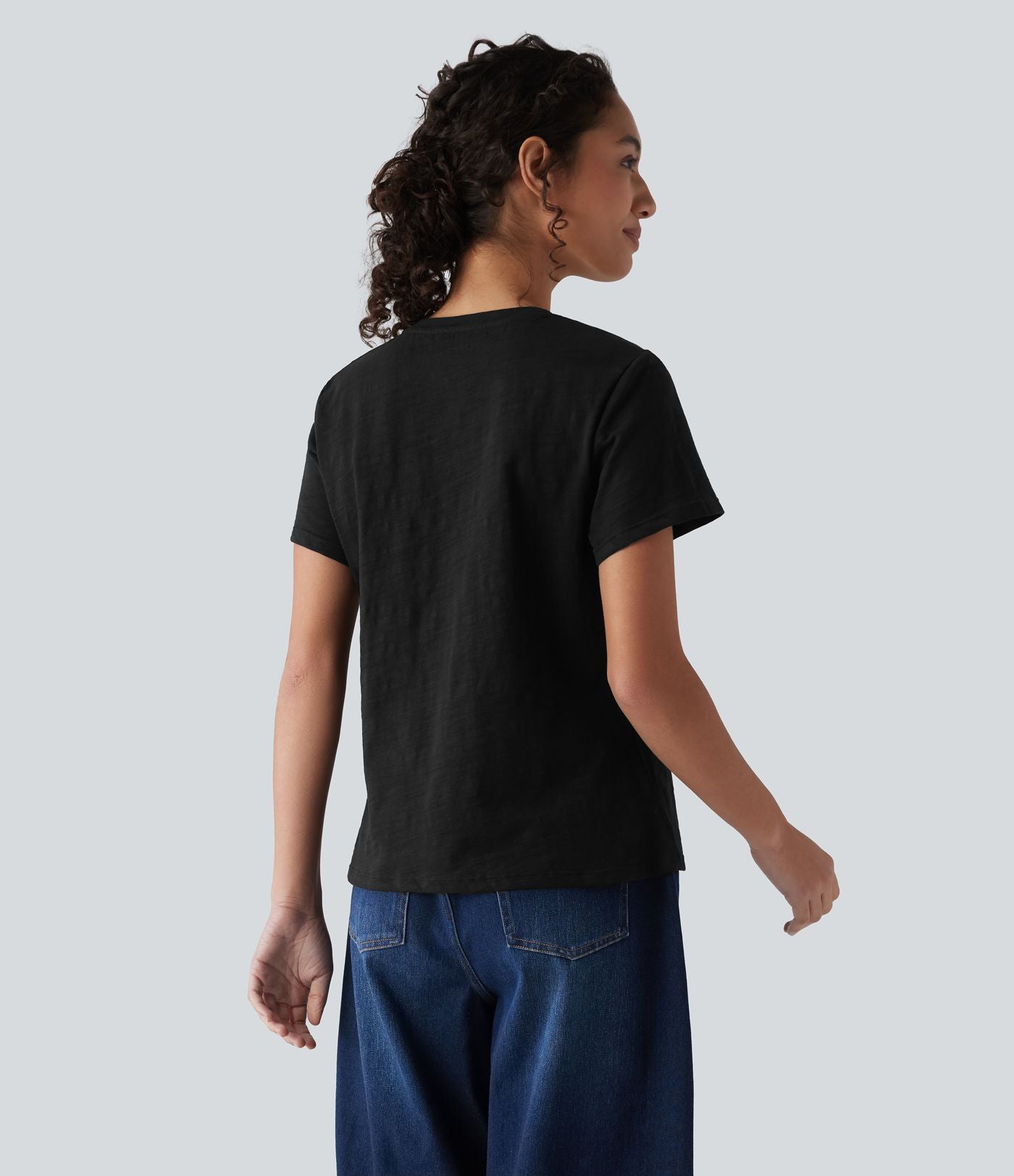 T-shirt casual ample col V manches courtes en coton slub