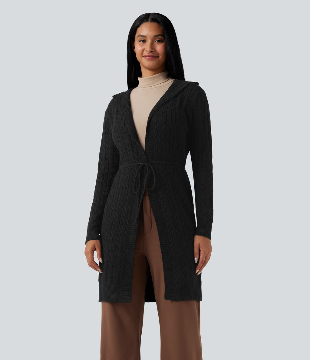 Cardigan long à capuche cordon de serrage manches longues