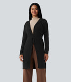 Cardigan long à capuche cordon de serrage manches longues