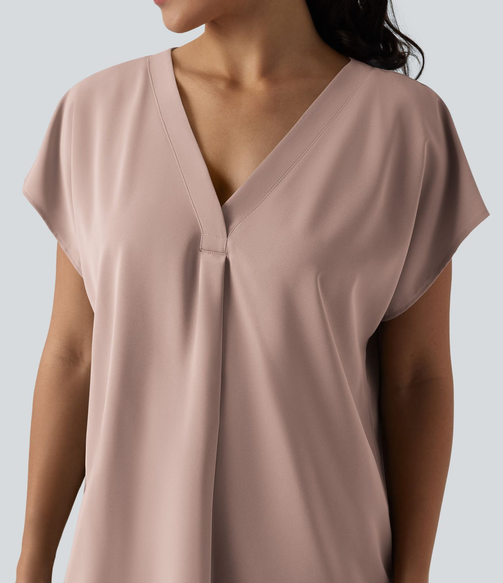Blouse esprit bureau oversize défroissage facile, col V et manches courtes