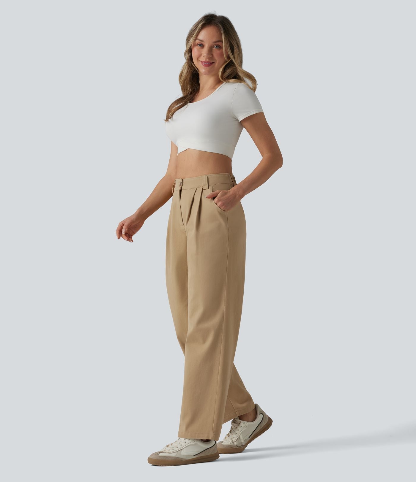 Pantalon chino décontracté en coton, taille haute, plissé, jambe droite, avec poches