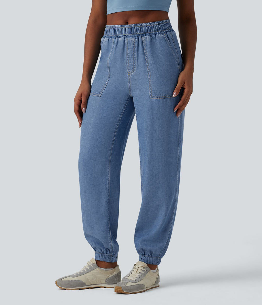 Jogging casual denim en lyocell drapé taille mi-haute avec poches