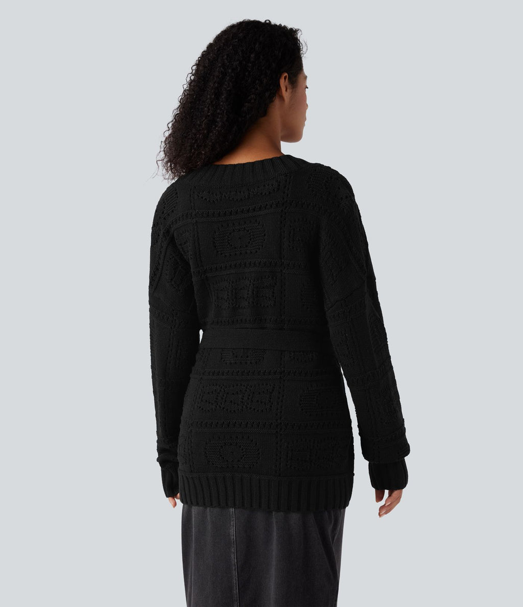Cardigan décontracté en maille tricotée à manches longues avec ceinture et ouverture devant