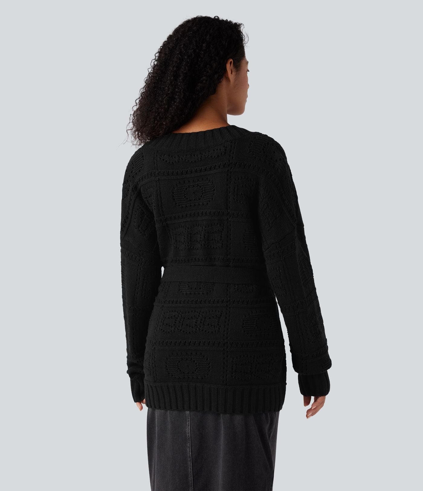 Cardigan décontracté en maille tricotée à manches longues avec ceinture et ouverture devant