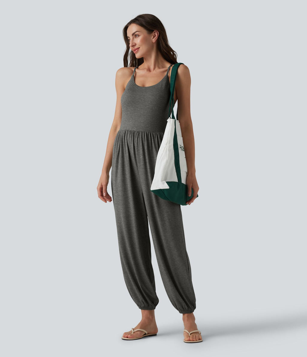 Combinaison décontractée chinée sans manches à dos croisé et soutien-gorge intégré, avec poches - Easy Peasy