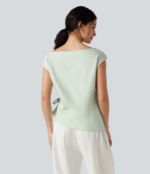 Blouse casual col bateau en mélange de lin à [manches cap] nouée sur le côté