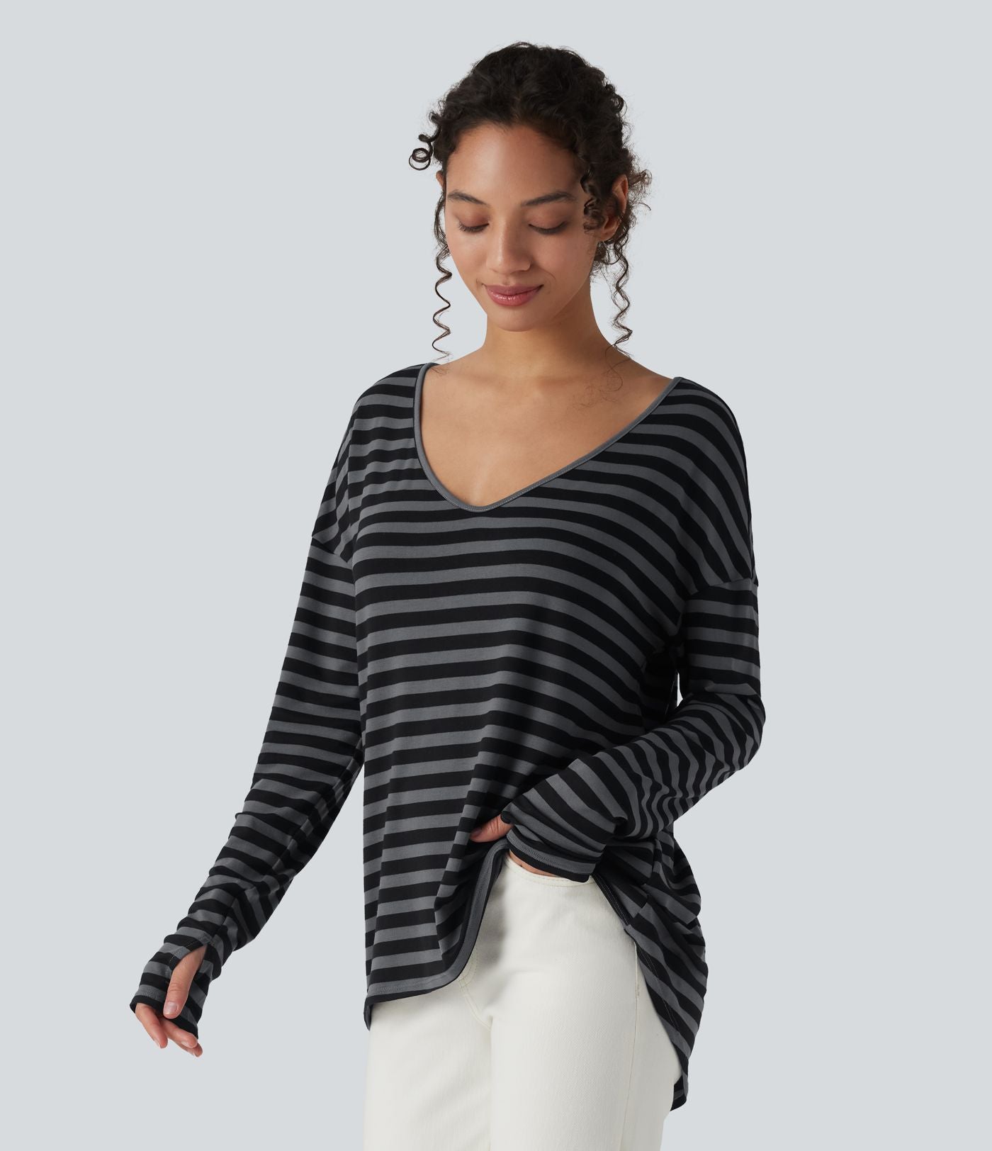 T-shirt ample décolleté plongeant manches longues à rayures et trous pour les pouces - Réversible devant et dos