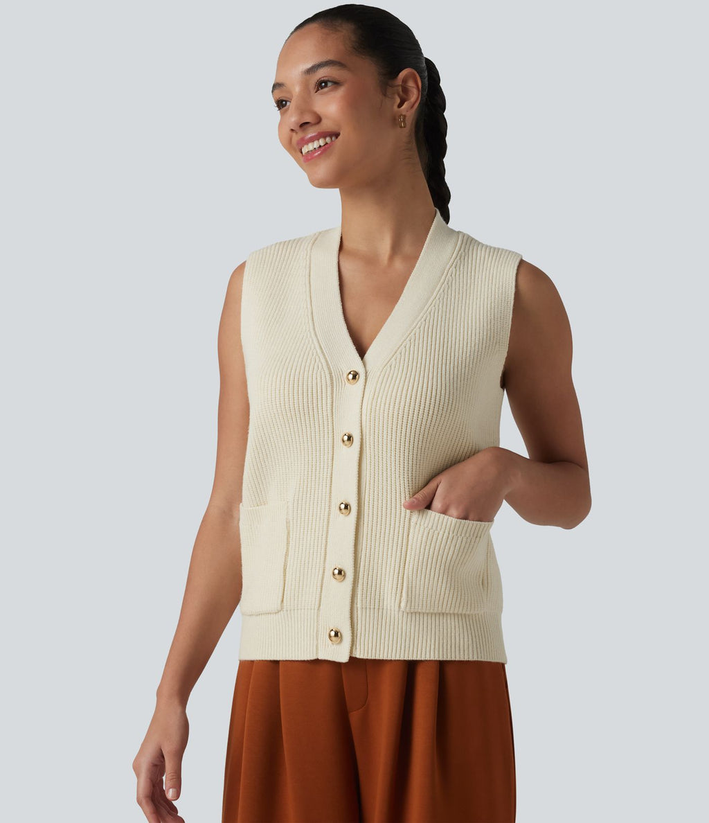 Gilet casual en maille col V boutonné, avec poches
