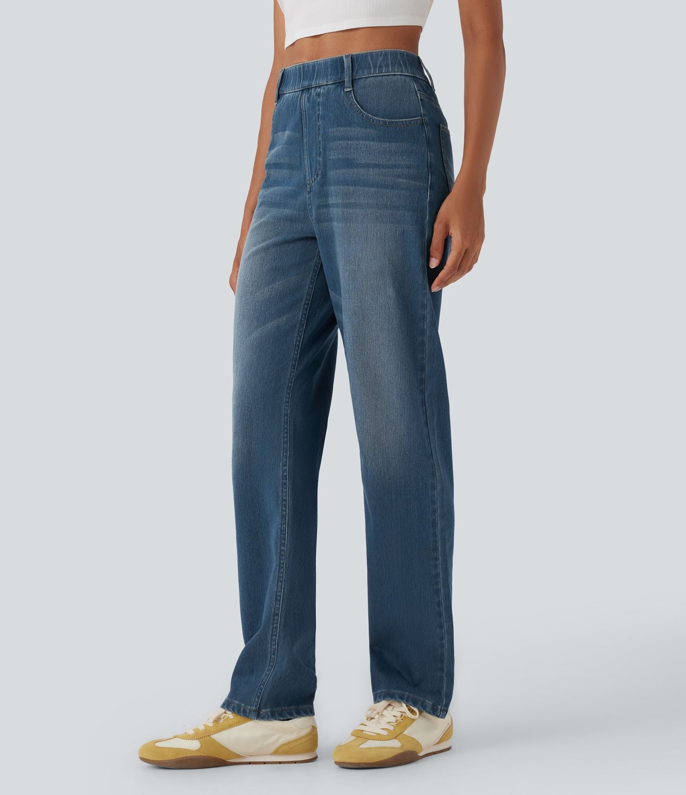 Halara Flex™ Jean casual délavé jambe droite taille haute gainant avec poches