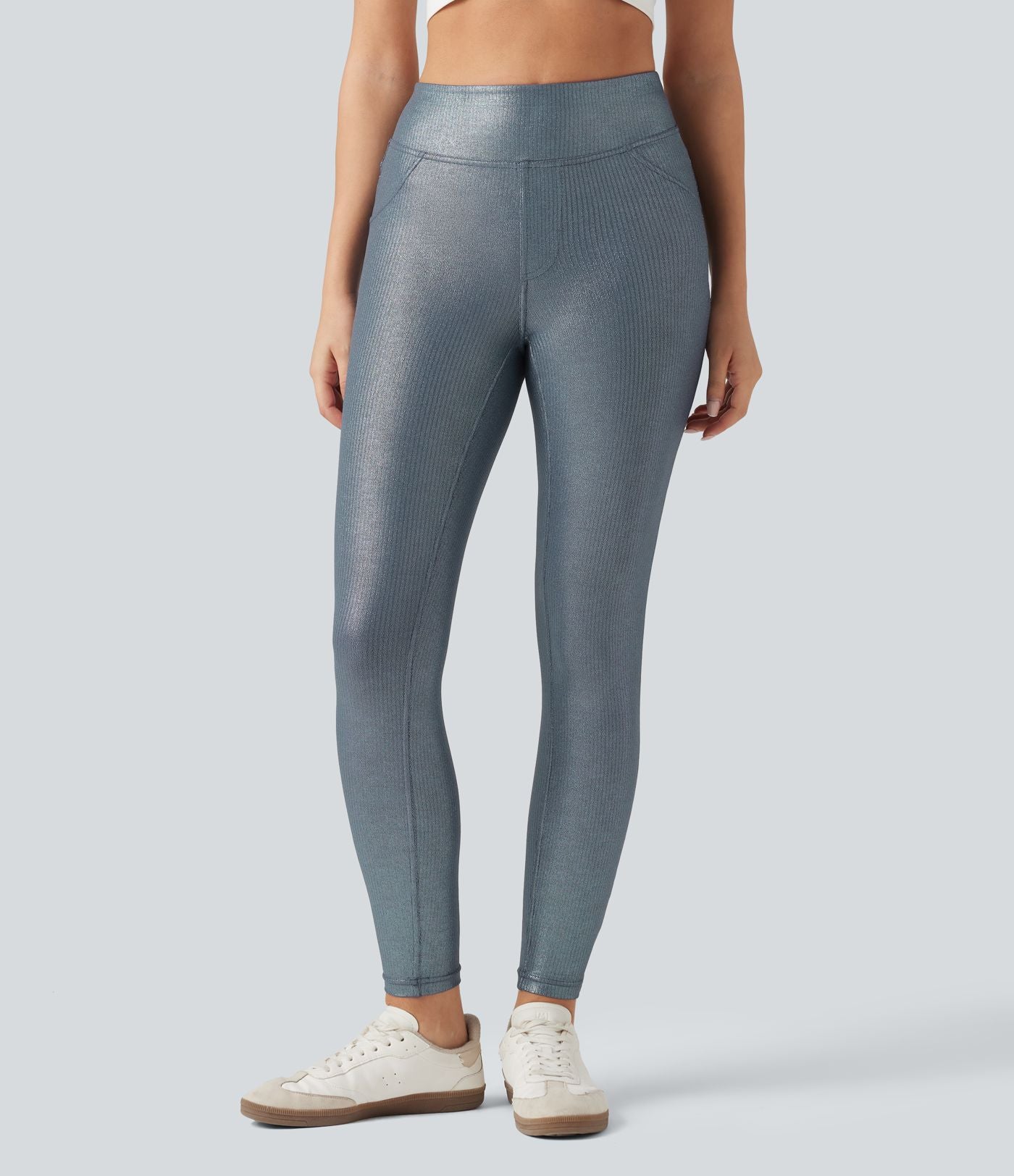 Leggings de yoga taille haute en maille côtelée avec imprimé métallisé et poches
